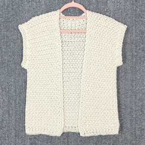 Hand Made Knit Sweater Vest Womens Small Ivory Crochet Open Front Cardigan